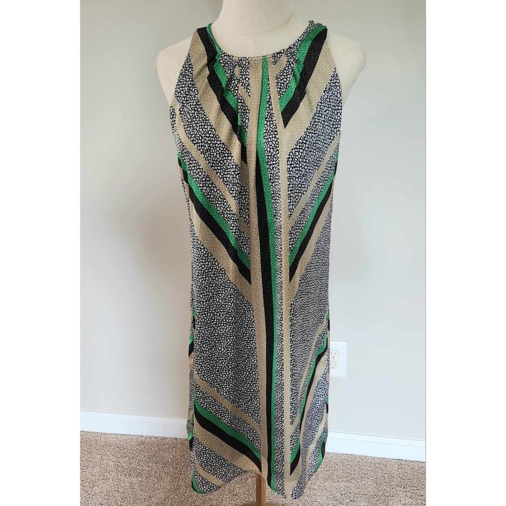 Dana Buchman Dress Sz XS Black Green Geometric Lined Pleats Exposed Zipper Shift